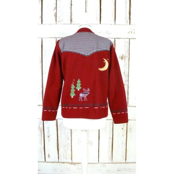 Vintage red woven knit Christmas wool patchwork cardigan sweater - Picture 3 of 5
